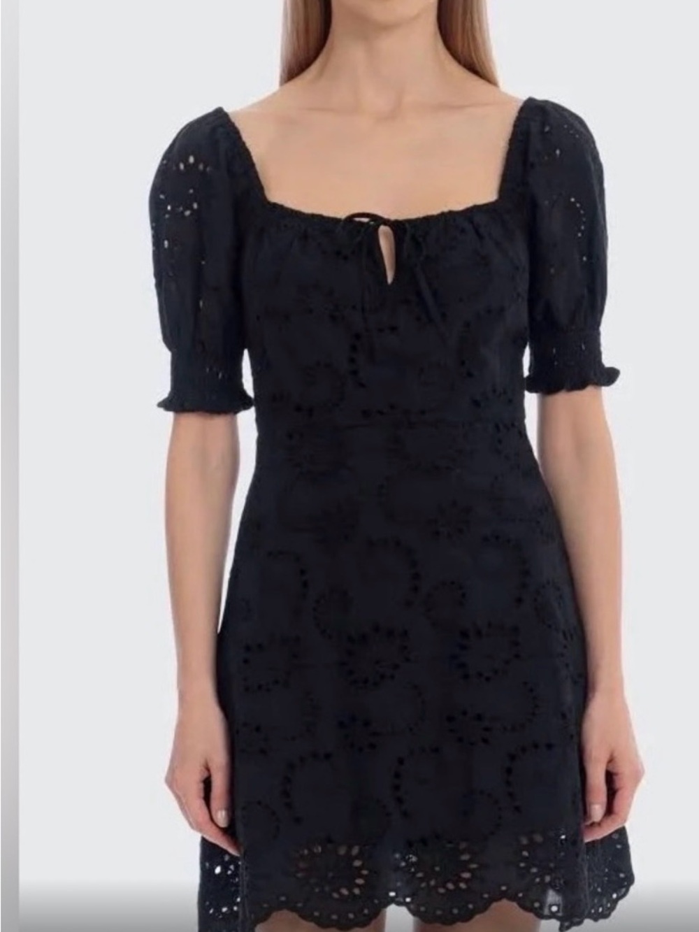 7 For All Mankind Black Eyelet Puff-Sleeve Mini Dress